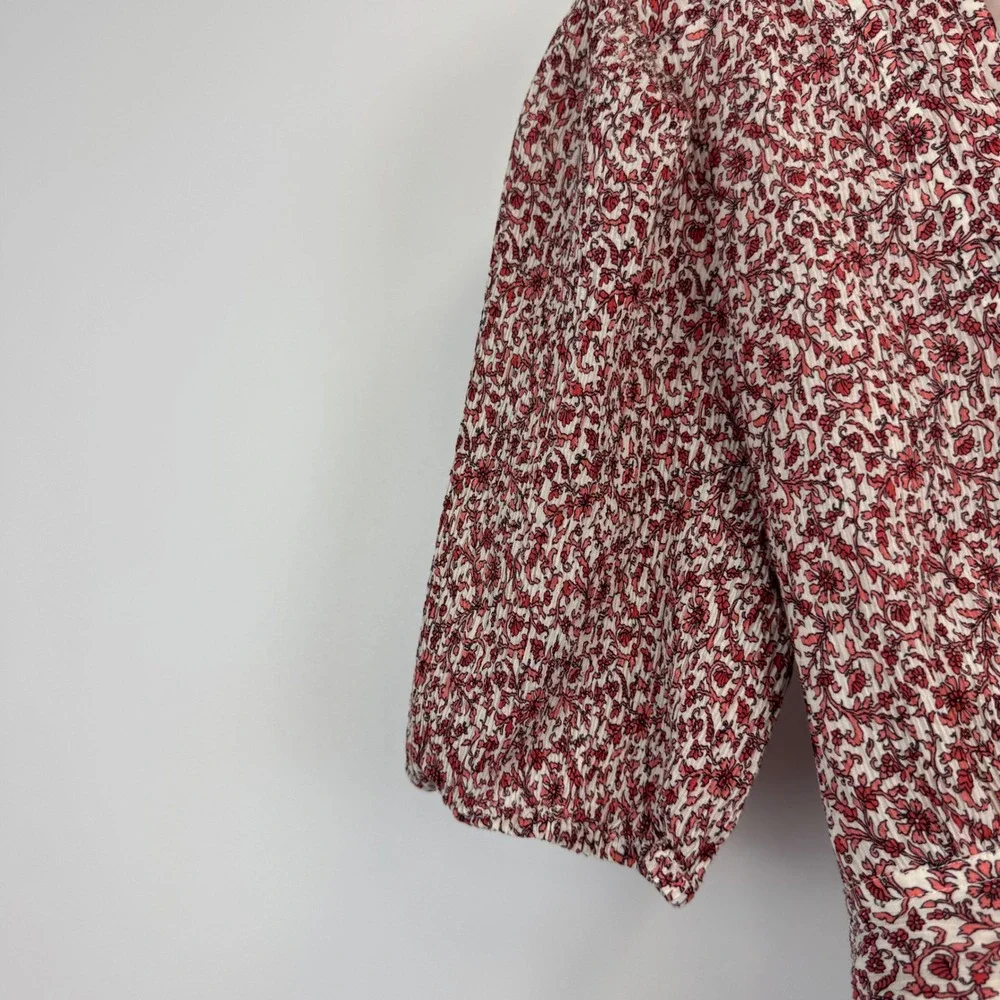 Tory Burch Red Floral Cotton‎ Silk Plissé V-Neck Puff Sleeve Blouse Size 10